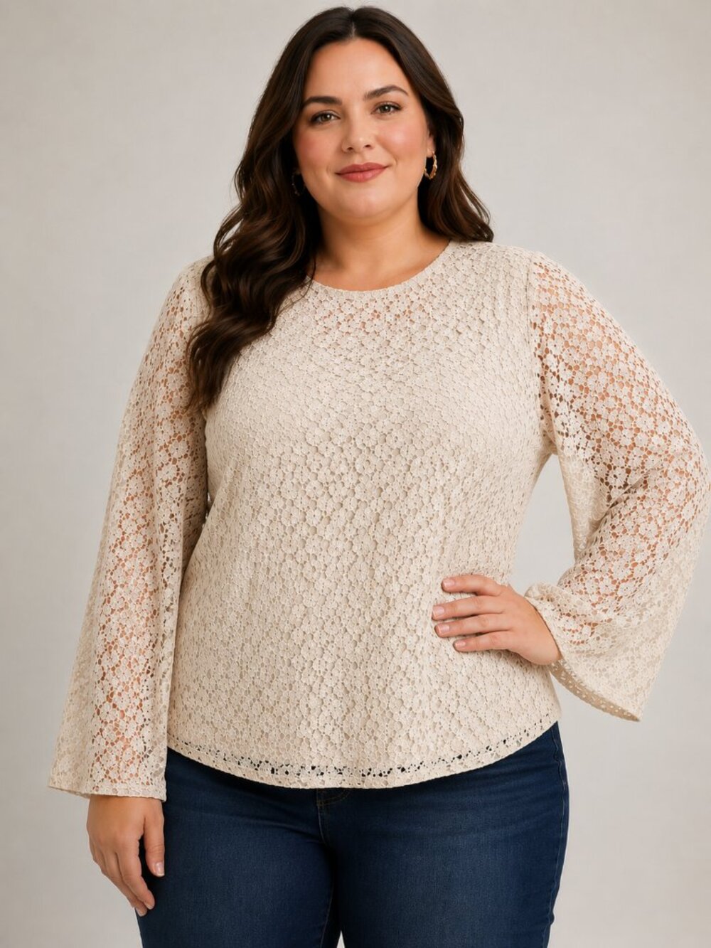 Brittany Black 1X Champagne Floral Lace Blouse Lined Sheer Sleeves